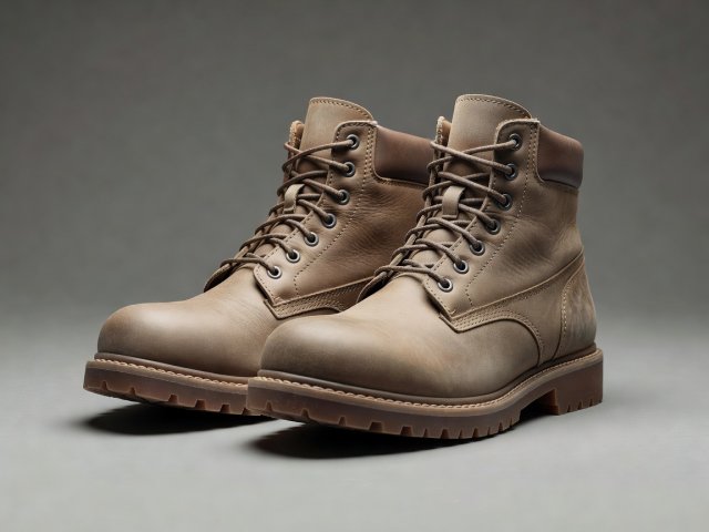 Soft-lit three-dimensional render of generic safety work boots with no certification labels